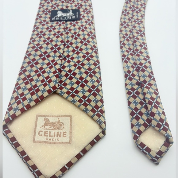 Celine Vintage Necktie 100% Silk made in Spain Burgundy Blue Tan